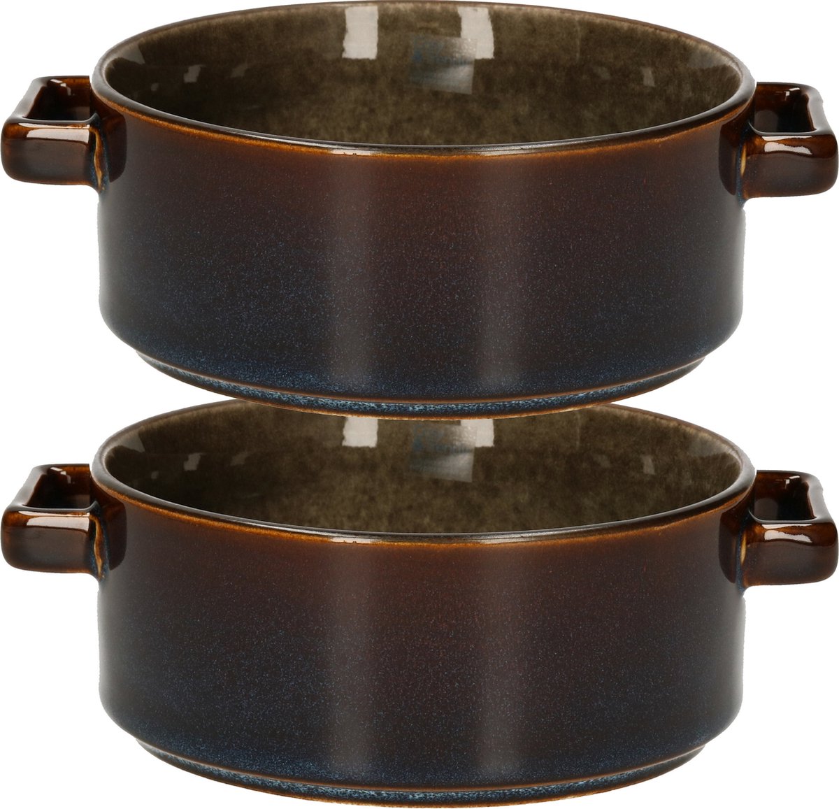 Cosy & Trendy Kommetjes / soepkommen voor dessert/ontbijt - 2x - Porselein - D13 x 5.5 cm - groen/bruin - met oortjes - stapelbaar