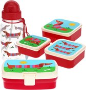 Teckel - hond - set - lunchset - drinkfles (500ml) - 3 snackdoosjes - lunchbox - drinkbeker - waterfles met rietje - doosje - brooddoos - rood - teckelprint