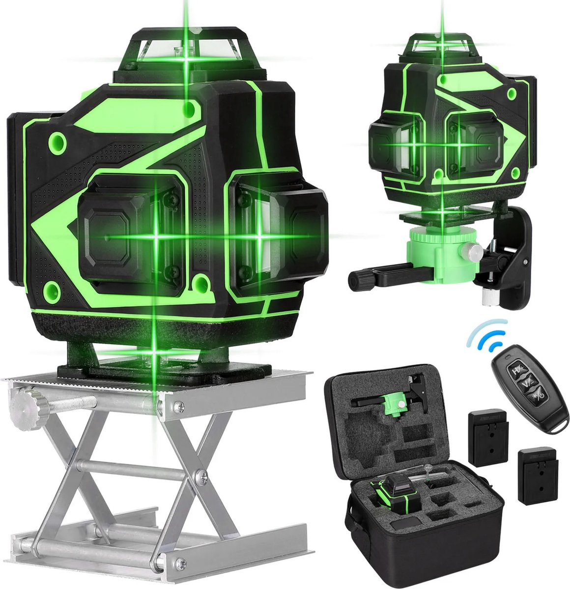 Kkmoon Kruislaser groen - Kruislaser met hefplatform - 4D - Lijnlaser - Zelf nivellerend - 16 lasers - In hoogte verstelbaar - Veel functies - Bouw - Gereedschap - Kruislijnlaser 360 - Laser - Groen - Kkmoon