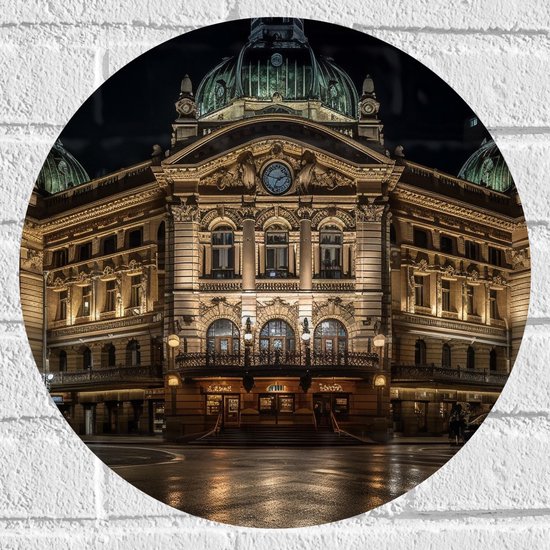 Muursticker Cirkel - Gebouw - Stad - Groot - Verlicht - 40x40 cm Foto op Muursticker