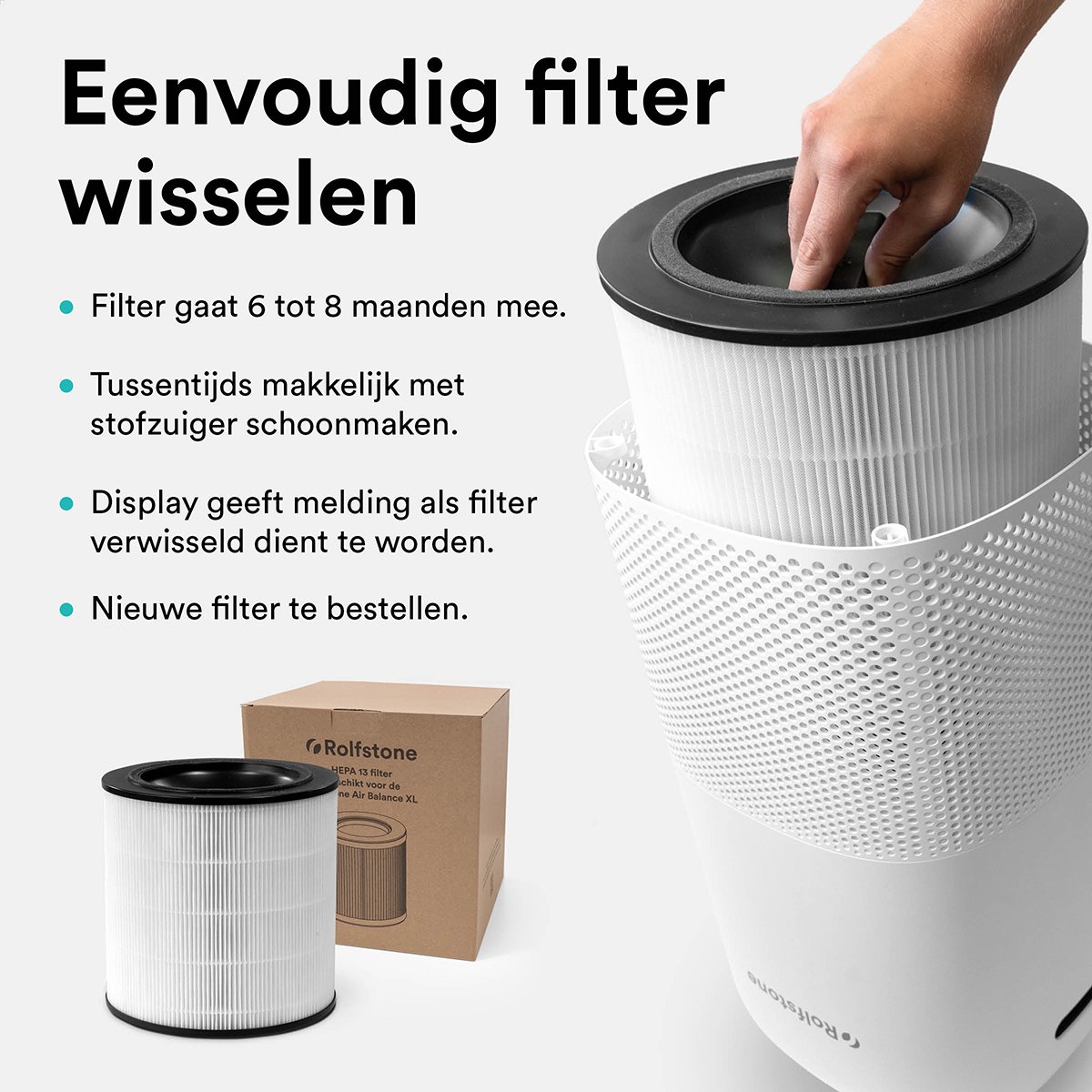 Rolfstone Air Balance XL Luchtreiniger – HEPA 13 + koolstoffilter – CADR 460 m³/u – Voor ruimtes tot 144 m² – Vermindert stof en pollen – 3 standen + turbo + slaapstand + automatische stand – Luchtkwaliteitsindicator — afbeelding 3