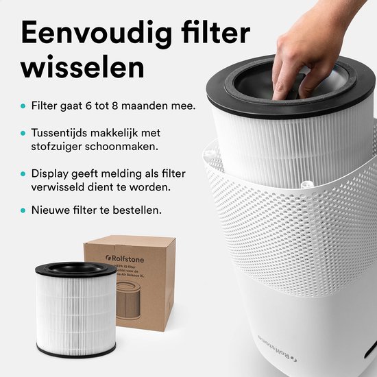Rolfstone Air Balance XL Luchtreiniger – HEPA 13 + koolstoffilter – CADR 460 m³/u – Voor ruimtes tot 144 m² – Vermindert stof en pollen – 3 standen + turbo + slaapstand + automatische stand – Luchtkwaliteitsindicator