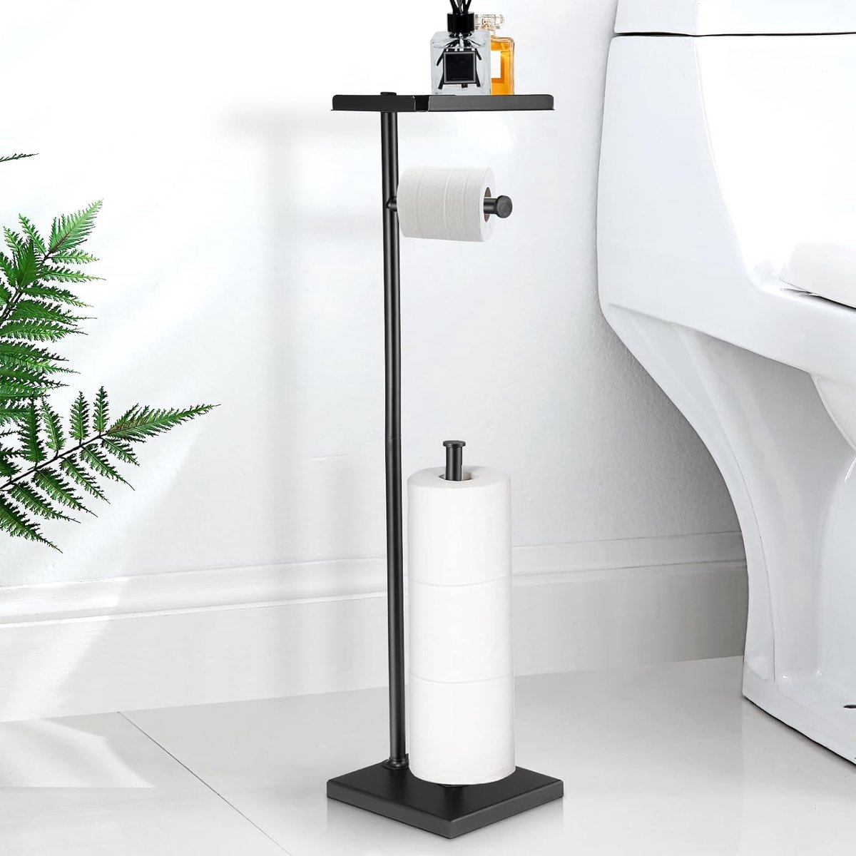 Vrijstaande rolhouder met bovenste plank van bamboe, toiletpapierhouder, toiletpapierhouder op de vloer, 4 reserverollen