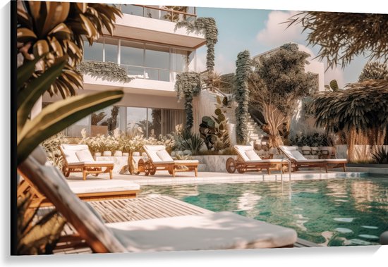Canvas - Hotel - Zwembad - Luxe - Lounge - Tropisch - Planten - 120x80 cm Foto op Canvas Schilderij (Wanddecoratie op Canvas)