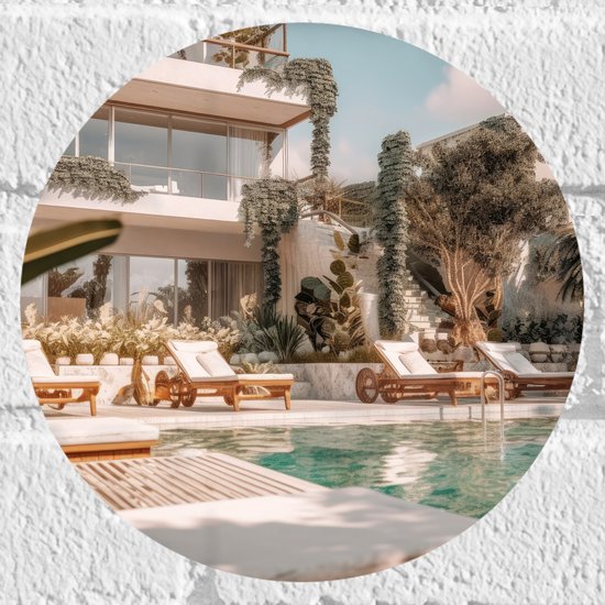 Muursticker Cirkel - Hotel - Zwembad - Luxe - Lounge - Tropisch - Planten - 20x20 cm Foto op Muursticker