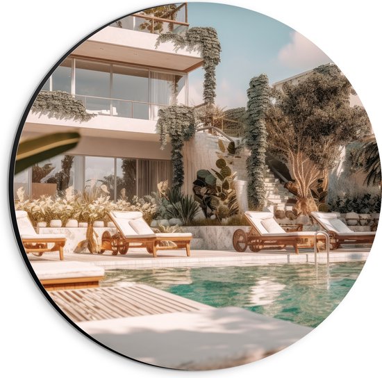Dibond Muurcirkel - Hotel - Zwembad - Luxe - Lounge - Tropisch - Planten - 20x20 cm Foto op Aluminium Muurcirkel (met ophangsysteem)