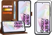 Hoesje geschikt voor Samsung Galaxy A35 - Screenprotector Volledig Dekkend Glas - Portemonnee Book Case Bruin