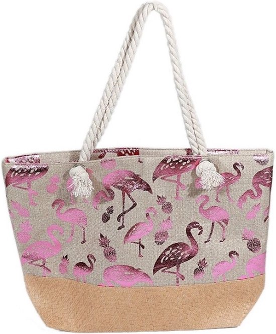 Een vrolijke strandtas met een print van een flamingo (55x35cm) gevoerd en afsluitbaar met een rits aan de binnenkant. Een handige tas om veel in mee te kunnen nemen. Afgewerkt met twee handvaten van gedraaid touw. Voor uzelf of als Cadeau.
