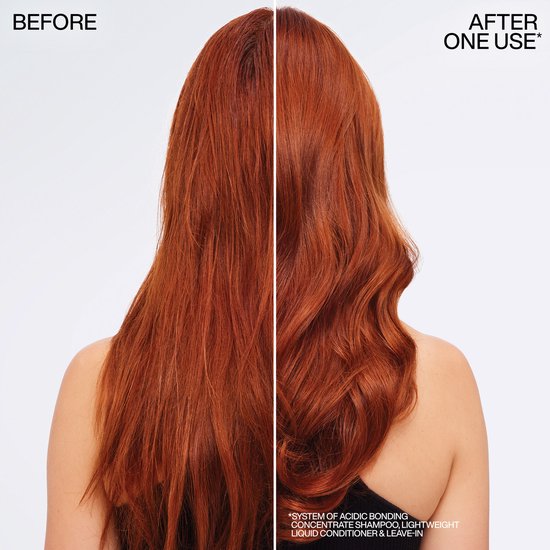 Photos avant et après de cheveux roux, qui sont plus lisses et brillants après une seule utilisation.