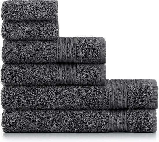 Handdoekenset - antraciet grijs donkergrijs / 2 x badhanddoeken 70x140 + 2 x handdoeken 50x90 + 2 x gastendoekjes 30x50 - handdoek 100% katoen, badstof, zacht en absorberend - 6-delig