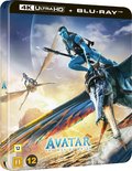 Hoes van "Avatar: The Way of Water" 4K Ultra HD + Blu-ray met een Na'vi die op een vliegend wezen rijdt.