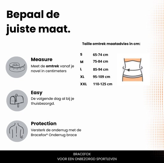 Informatie over het bepalen van de juiste maat voor de rugbrace, meten, snelle levering en bescherming.
