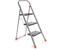 Toolland Stepix trapladder, 3 treden, inklapbaar, huishoudtrap met hoge beugel, antislipvoetjes en antislipprofiel op de twee treden, epoxycoating, metaal, draagvermogen tot 150 kg