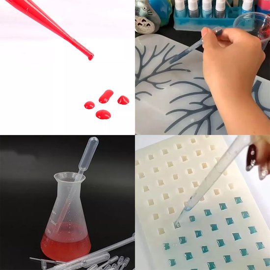 Quatre images montrant l'utilisation de pipettes pour déposer un liquide coloré.
