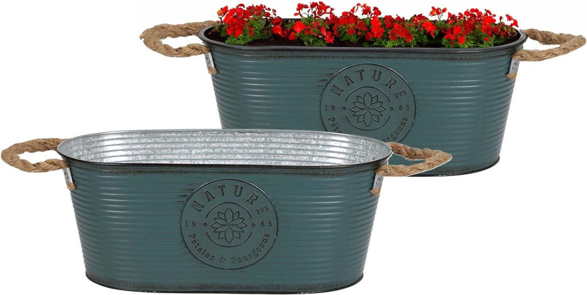 Goedkoopste Sunnydays Teil/plantenpot/bloempot - 2x - zink - petrolblauw - L35 x D19 x H14 cm