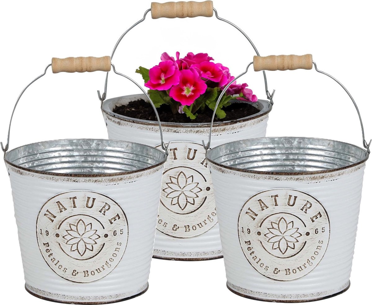 Goedkoopste Sunnydays Emmer/plantenpot/bloempot - 3x - zink - ivoorwit - D23 x H22 cm