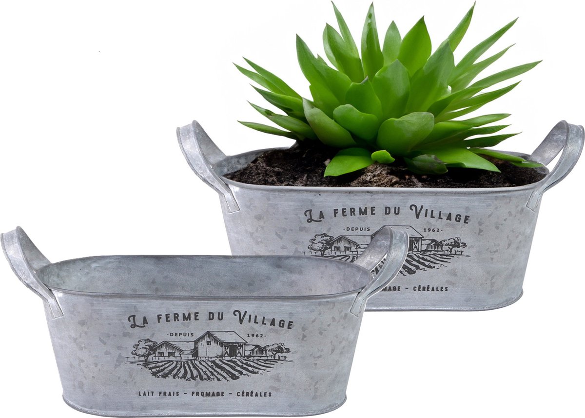 Goedkoopste Sunnydays Teil/plantenpot/bloempot - 2x - zink - zilver - L31 x D12 x H13 cm