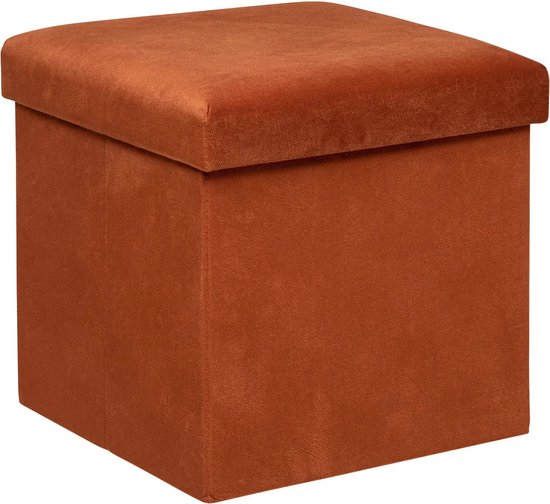 Atmosphera Pouf/tabouret/hocker Amber - Boîte de rangement siège pliable - velours Terracotta - D38 x H38 cm - MDF/polyester