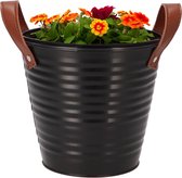 DK Design Plantenpot/bloempot emmer Leather- zink - zwart - D16 x H15 cm