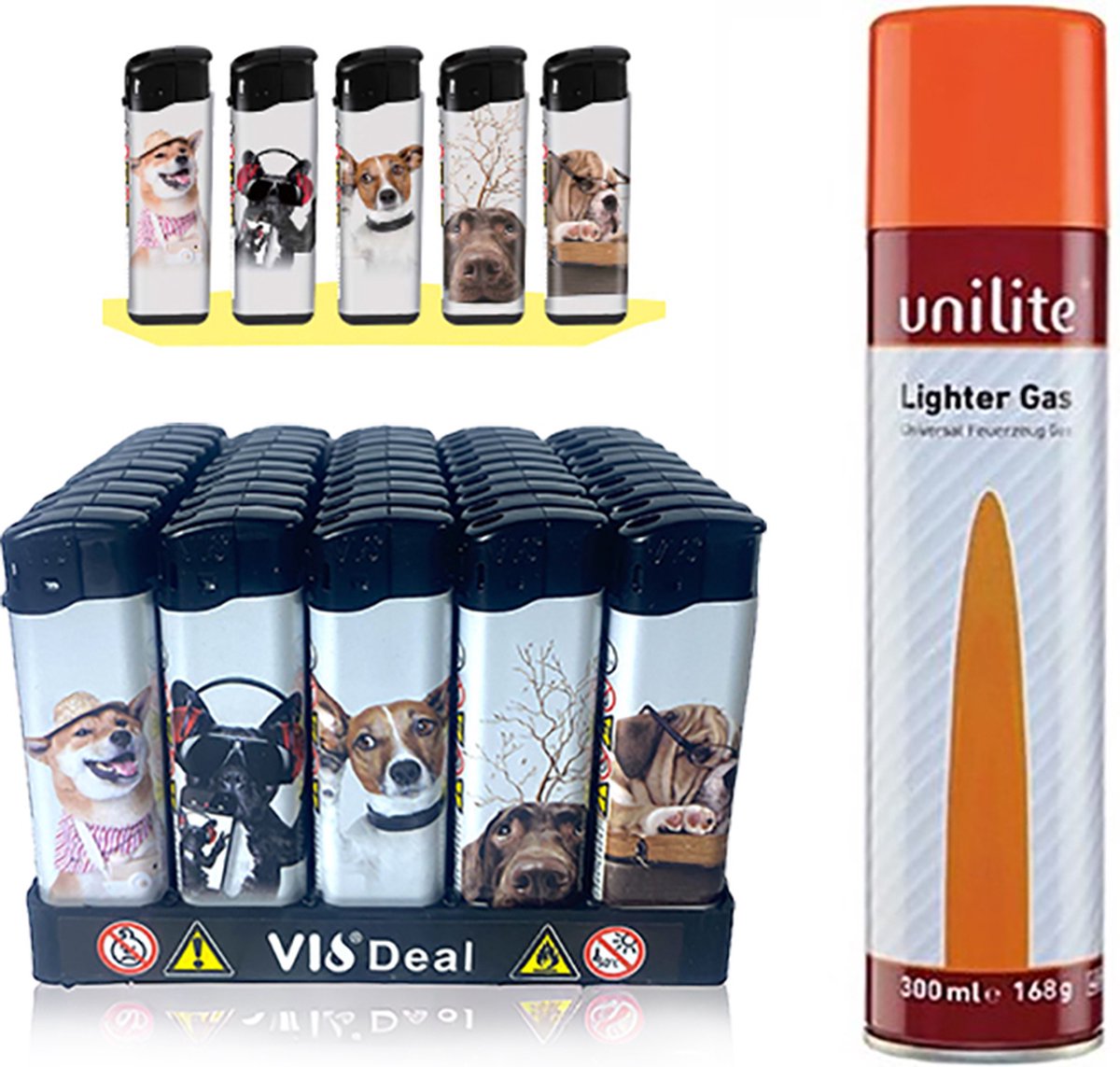Goedkoopste Unilite Aanstekers 50 stuks in tray - honden print - navulbaar klik aansteker - electronic lighters gas fles