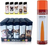 Briquets Unilite 50 pièces en plateau - imprimé chien - briquet clic rechargeable - briquets électroniques + bouteille de gaz