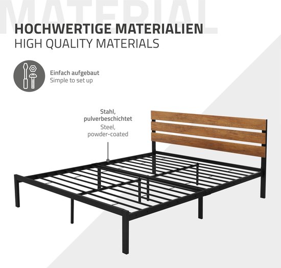 Metalen bed Bedframe met lattenbodem 160x200 cm zwart/bruin met houten hoofdbord & voeteneind ML design