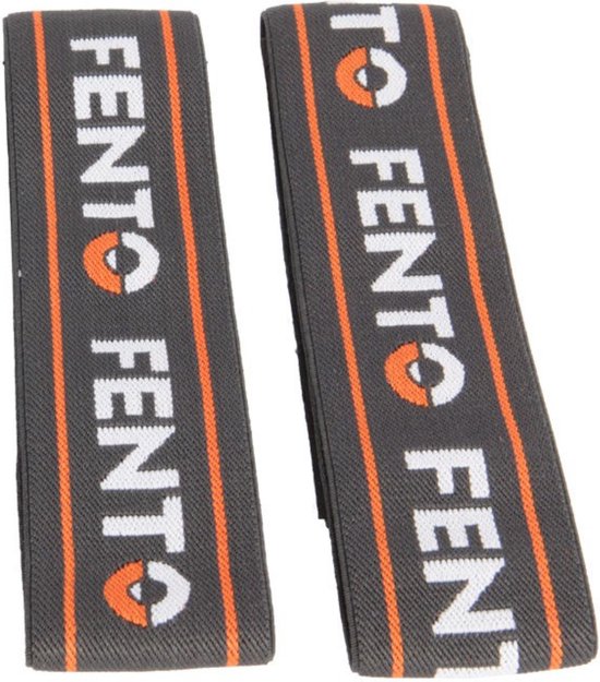 Twee FENTO elastieken op een donkergrijze ondergrond met oranje strepen en witte FENTO-letters.