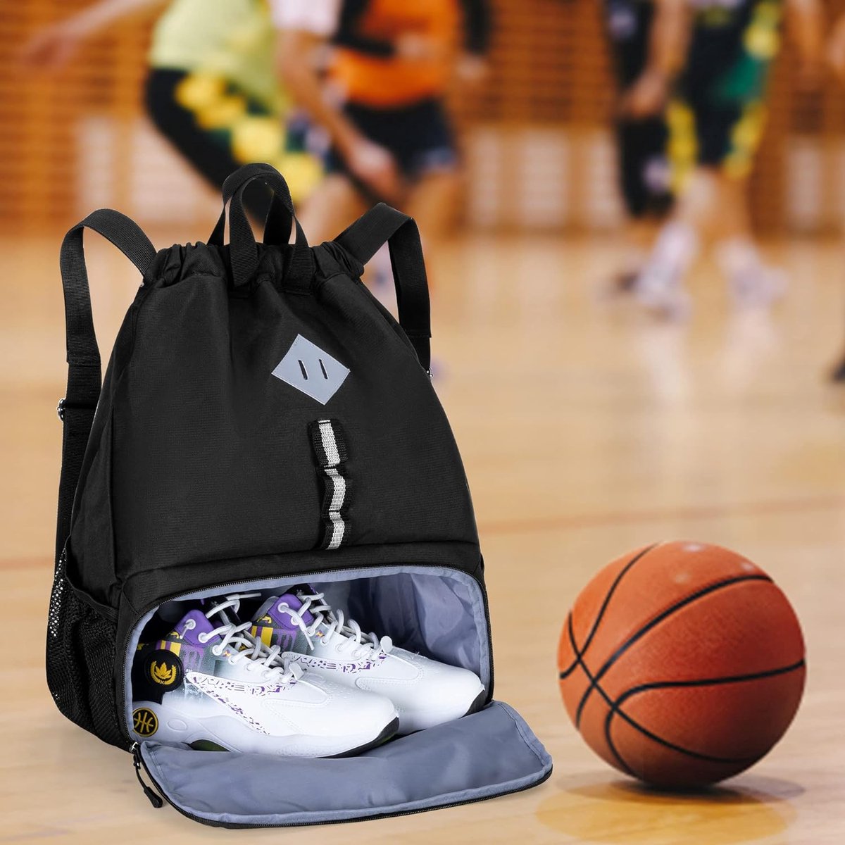 Basketbaltas, voetbaltas met trekkoord, mesh-rugzak, multifunctionele rugzak van mesh met verstelbare riem, voor basketbal, fitness, sport, training (blauw