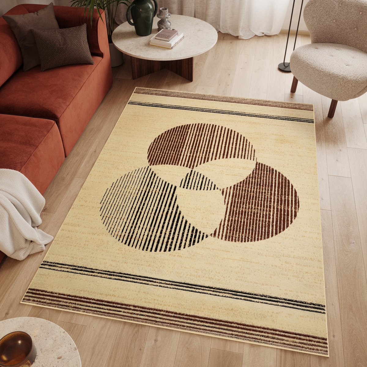 Tapiso Luxury Vloerkleed Creme Laagpolig Woonkamer Lijnen Slaapkamer Tapijt Maat- 120x170
