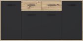 Buffet PILVI - Style contemporain - Particules de mélamine - Décor Chêne et noir - 4 portes + 2 tiroirs - L 162,3 x P 34,2 x H 81 cm