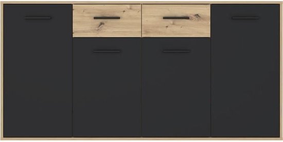 PILVI dressoir - Eigentijdse stijl - Melaminedeeltjes - Eiken en zwart decor - 4 deuren + 2 laden - L 162,3 x D 34,2 x H 81,7 cm