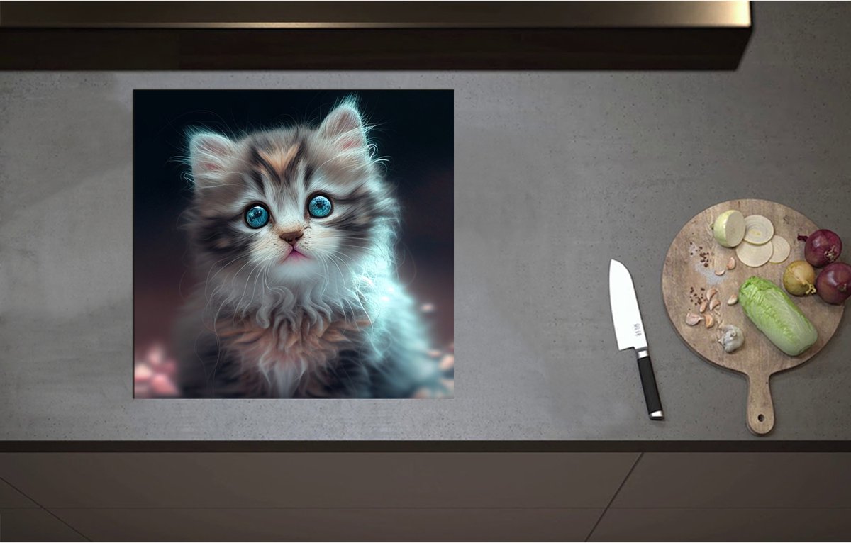 Inductieplaat Beschermer - Aandoenlijke Kitten met Helder Blauwe Magische Ogen - 57x55 cm - 2 mm Dik - Inductie Beschermer - Bescherming Inductiekookplaat - Kookplaat Beschermer van Zwart Vinyl