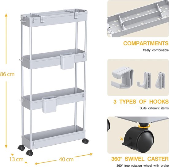 Slanke Keuken- En Badkameropbergwagen Met 4 Wielen, Smal Rek Met 4 Niveaus En Anti Valstangen Compacte Opbergeenheid Op Wielen Sobuy Nsr01 W