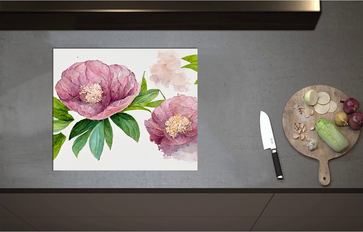 Inductieplaat Beschermer - Aquerel Tekening van Roze Bloemen - 60x51 cm - 2 mm Dik - Inductie Beschermer - Bescherming Inductiekookplaat - Kookplaat Beschermer van Zwart Vinyl