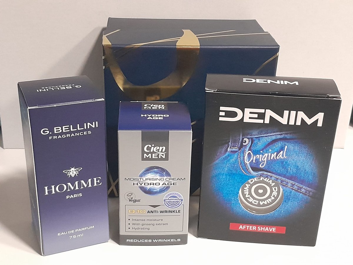 Goedkoopste Giftset Geschenkdoos gevuld voor heren met parfum, aftershave en gezichtscrème.