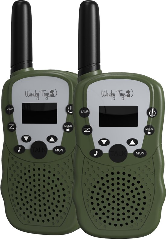 Wonky Monkey - Walkie Talkie - 3 km bereik - 10 oproeptonen - Volume regelaar - Lamp - Batterij niveau indicatie - Leger Groen