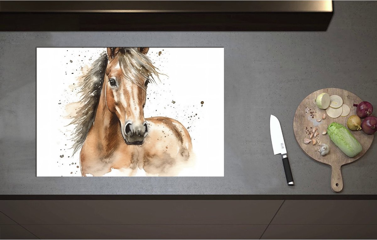 Inductieplaat Beschermer - Acryl Tekening van Kop en Hals van Bruin Paard - 75x52 cm - 2 mm Dik - Inductie Beschermer - Bescherming Inductiekookplaat - Kookplaat Beschermer van Wit Vinyl