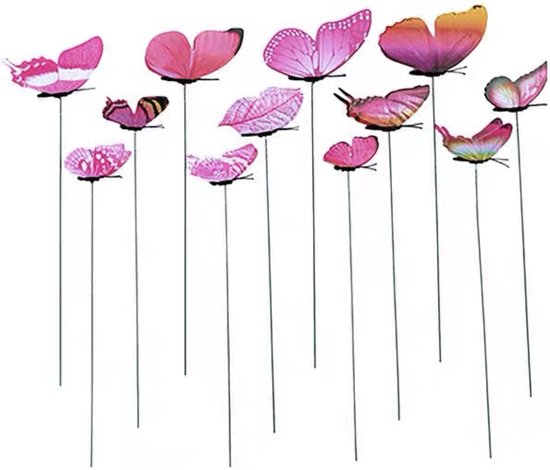 12 vrolijke vlinders op stokken / tuindecoratie / zowel binnen als buiten / roze