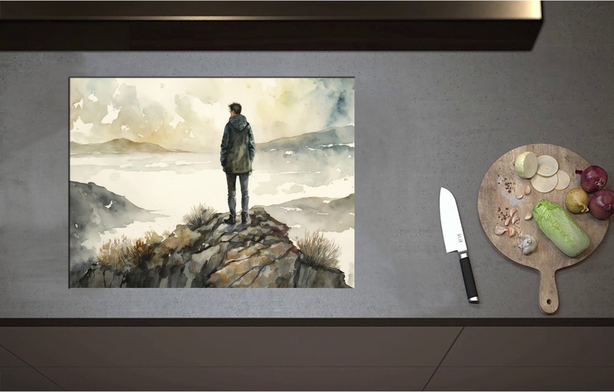 Inductieplaat Beschermer - Acryl Tekening van Eenzaam Persoon op Hoge Boom - 70x52 cm - 2 mm Dik - Inductie Beschermer - Bescherming Inductiekookplaat - Kookplaat Beschermer van Zwart Vinyl