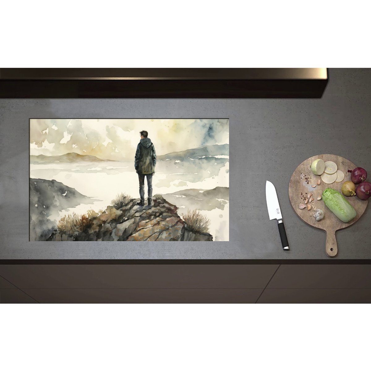 Inductieplaat Beschermer - Acryl Tekening van Eenzaam Persoon op Hoge Boom - 80x50 cm - 2 mm Dik - Inductie Beschermer - Bescherming Inductiekookplaat - Kookplaat Beschermer van Zwart Vinyl