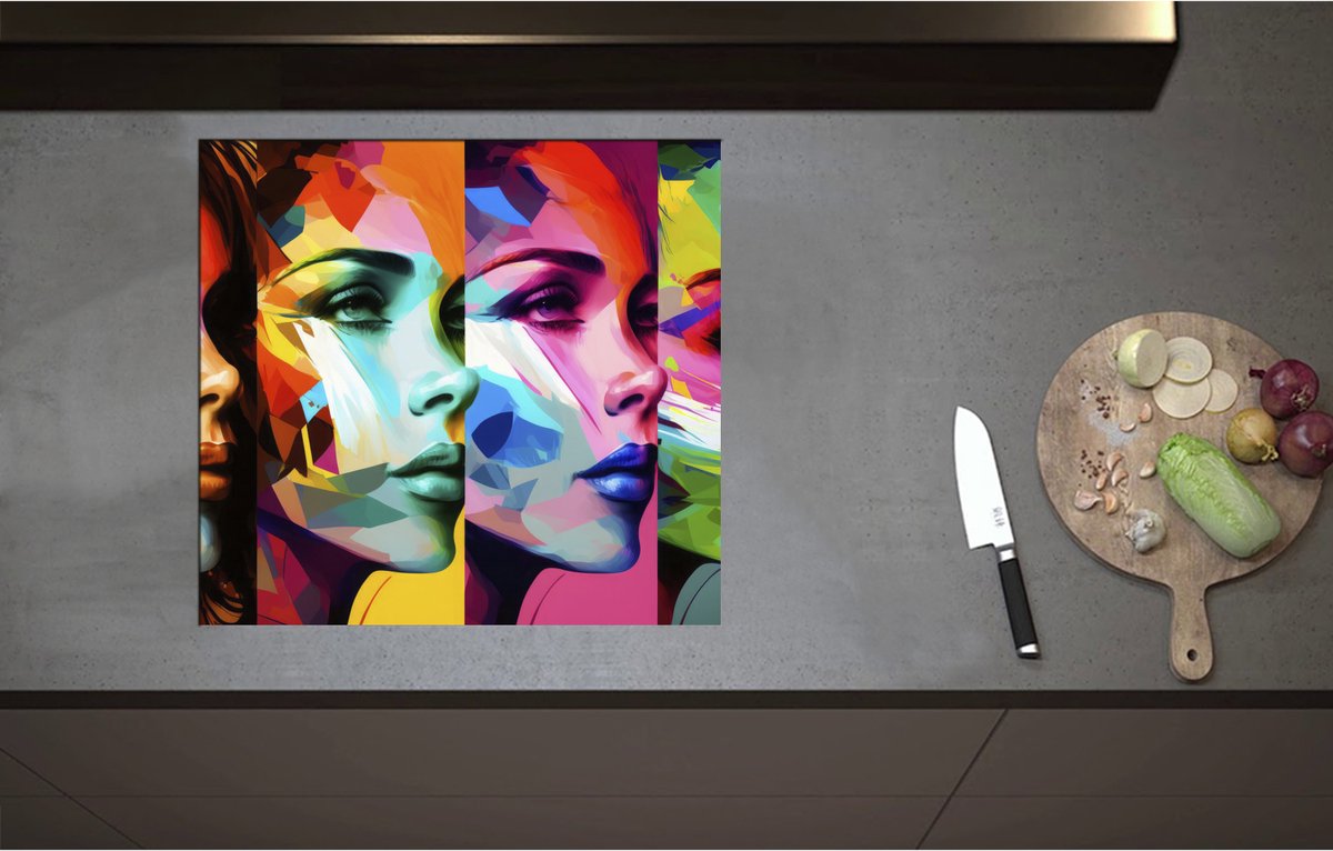 Inductieplaat Beschermer - Artistieke Collage van Zijaanzichten van Kleurrijke Vrouwen - 59x55 cm - 2 mm Dik - Inductie Beschermer - Bescherming Inductiekookplaat - Kookplaat Beschermer van Zwart Vinyl