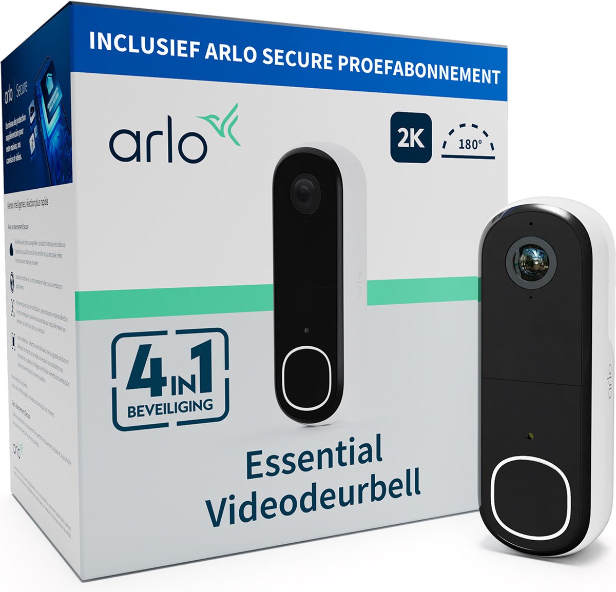 Arlo 2K draadloze video deurbel met camera, 1 deurbel, wit