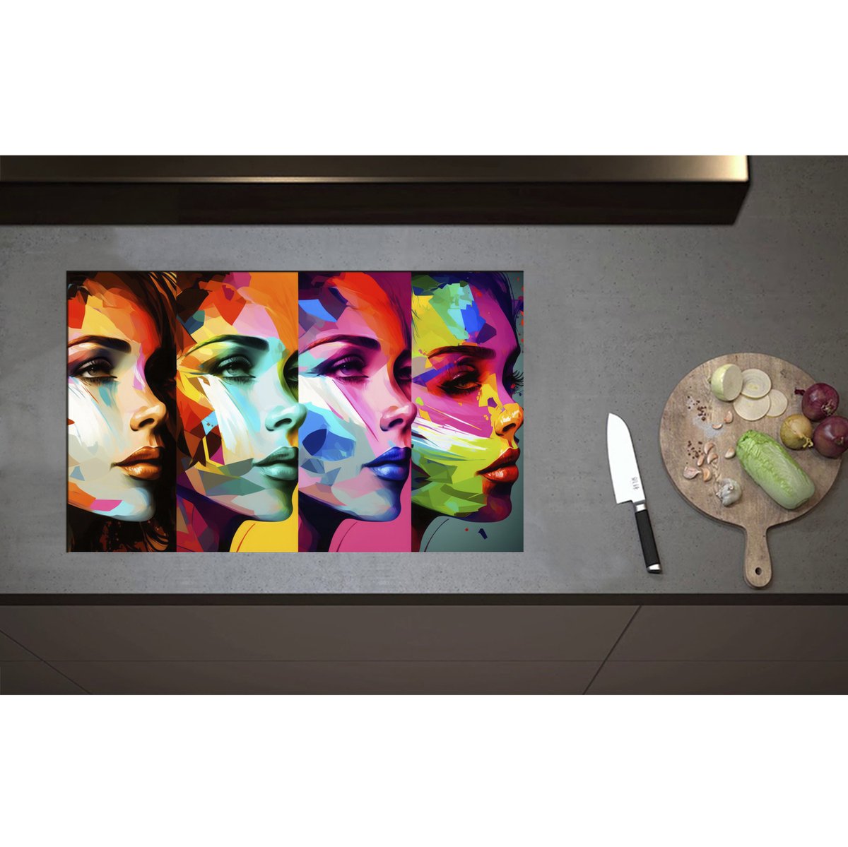Inductieplaat Beschermer - Artistieke Collage van Zijaanzichten van Kleurrijke Vrouwen - 80x50 cm - 2 mm Dik - Inductie Beschermer - Bescherming Inductiekookplaat - Kookplaat Beschermer van Wit Vinyl