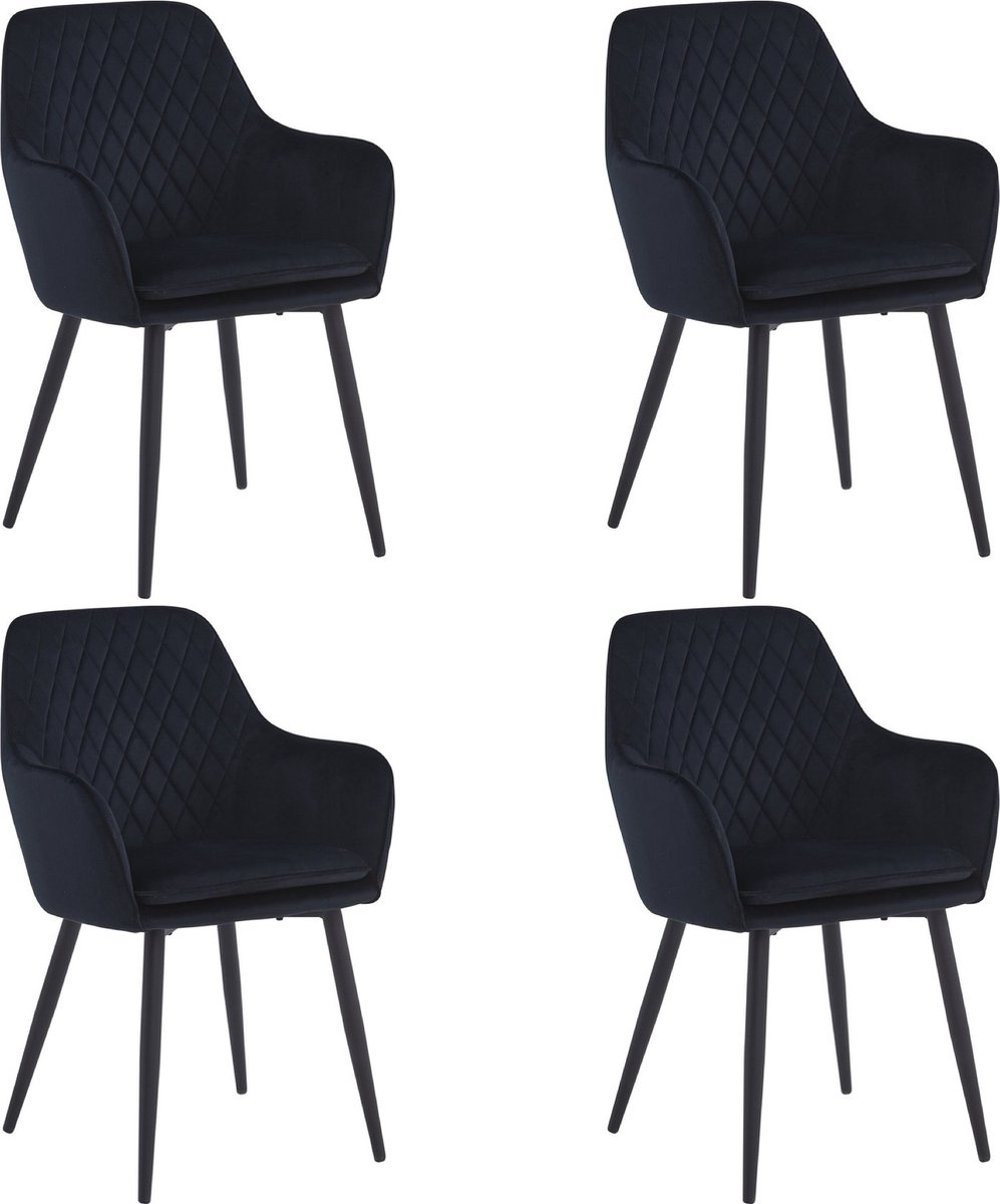 Colenis Laura Eetkamerstoel - Set Van 4 - Zwart - Velvet - Design - Industrieel - Met armleuning