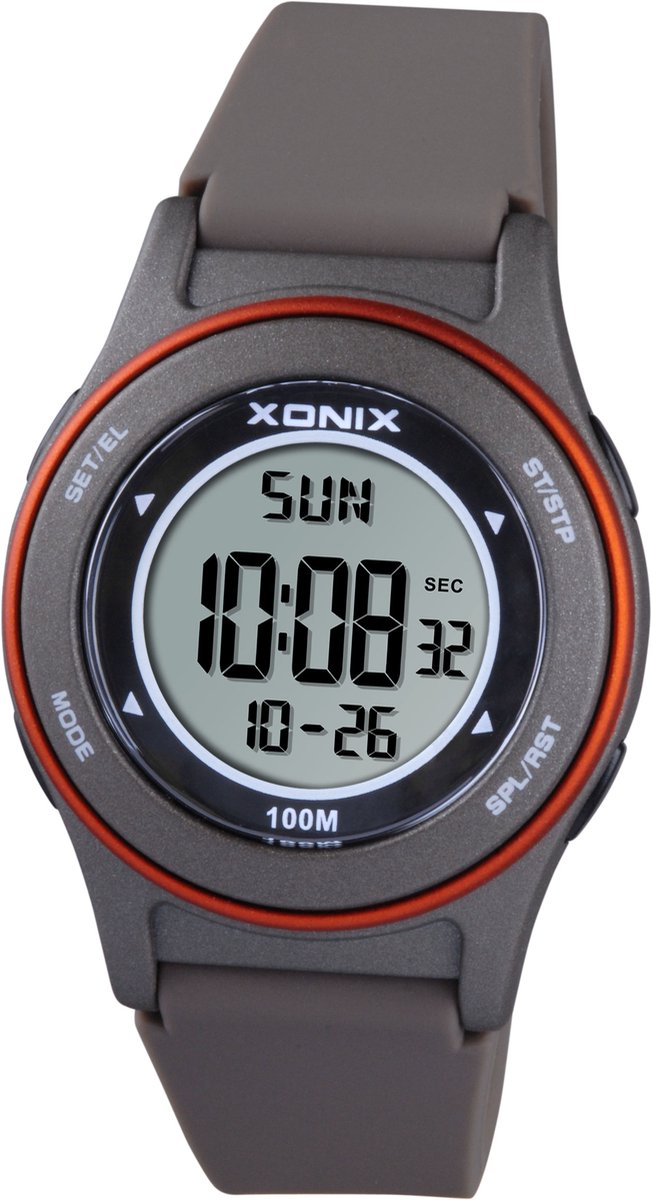 Xonix BBH-005 - Horloge - Digitaal - Heren - Mannen - Rond - Siliconen band - ABS - Cijfers - Achtergrondverlichting - Alarm - Start-Stop - Chronograaf - Tweede tijdzone - 12-24 - Waterdicht - Bruin-Grijs - Oranje - 10ATM
