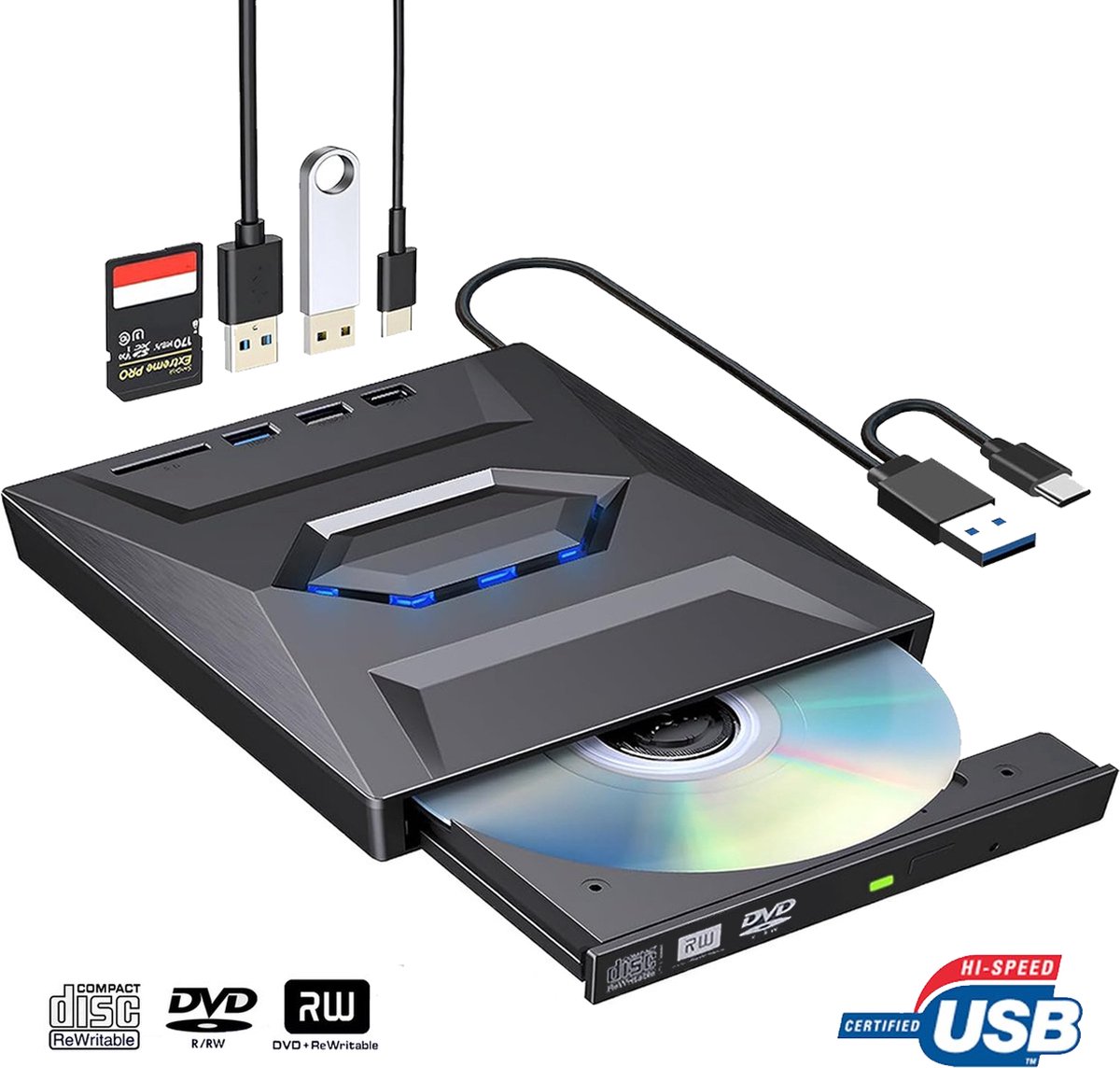 BPgoods® 3-in-1 Externe DVD & CD speler en brander voorlaptop en PC - 2024 - USB 3.0 & USB C - Plug & Play - USB hub met 2 Poorten - Gratis SD adapter - Ook voor Macbook - BPgoods