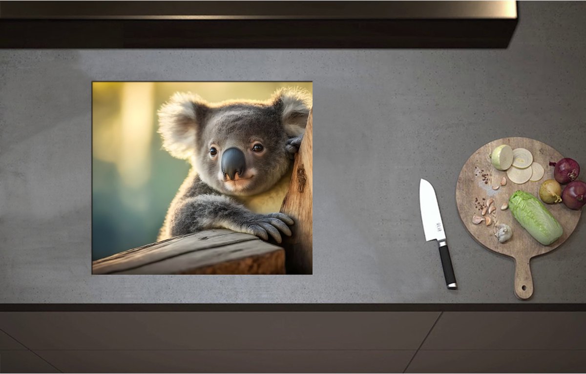 Inductieplaat Beschermer - Aandoenlijke Koala van Achter Boom - 57x50 cm - 2 mm Dik - Inductie Beschermer - Bescherming Inductiekookplaat - Kookplaat Beschermer van Wit Vinyl