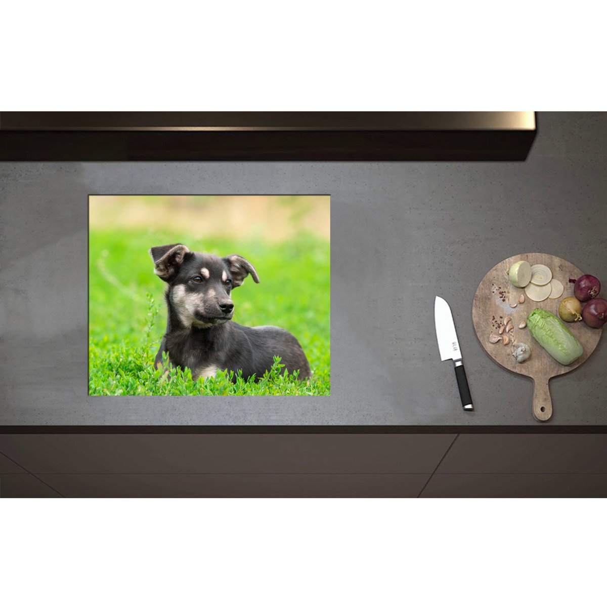 Inductieplaat Beschermer - Aandoenlijke Zwart met Bruine Puppy liggend in het Grasveld - 60x50 cm - 2 mm Dik - Inductie Beschermer - Bescherming Inductiekookplaat - Kookplaat Beschermer van Zwart Vinyl