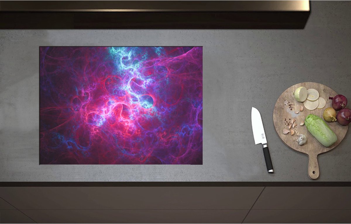 Inductieplaat Beschermer - Abstracte Vormen en Figuren in Paars met Blauwe Kleuren - 70x51 cm - 2 mm Dik - Inductie Beschermer - Bescherming Inductiekookplaat - Kookplaat Beschermer van Wit Vinyl