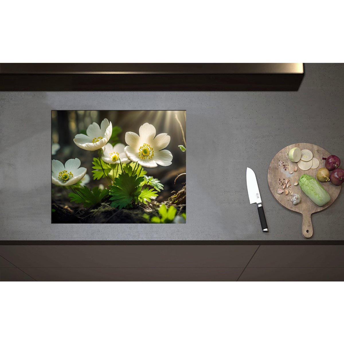 Inductieplaat Beschermer - Anemoon Bloemen in Bos met Zonnestralen - 59x50 cm - 2 mm Dik - Inductie Beschermer - Bescherming Inductiekookplaat - Kookplaat Beschermer van Zwart Vinyl